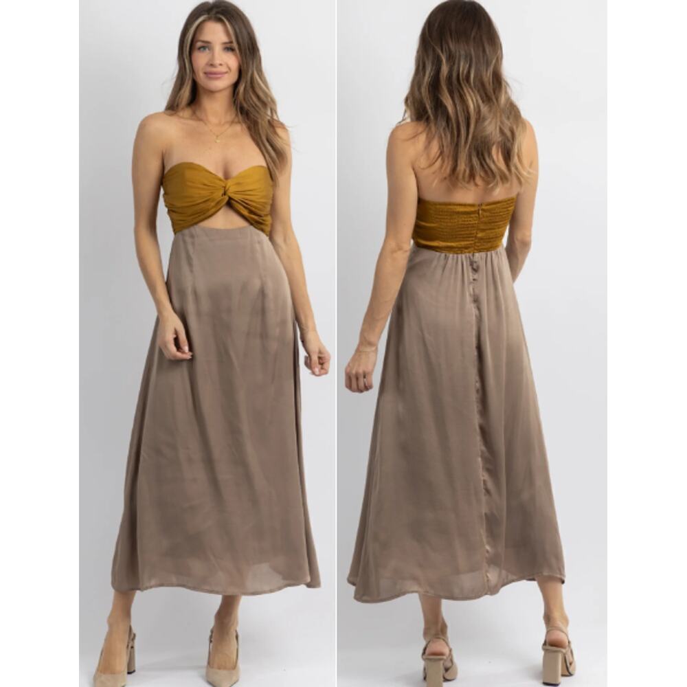 Bobbles & Lace Colorblock Strapless Cutout Midi Dress Gold Taupe Womens Size L